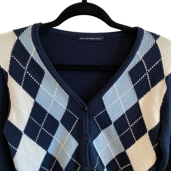 Brandy Melville Elizabeth Argyle Cardigan In Navy Blue & White - Picture 6 of 14